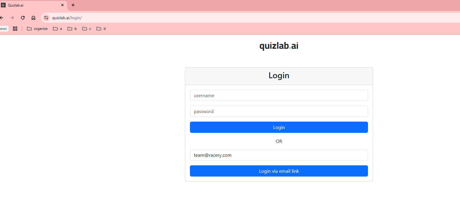 Quizlab.ai login page showing username/password fields and email link option